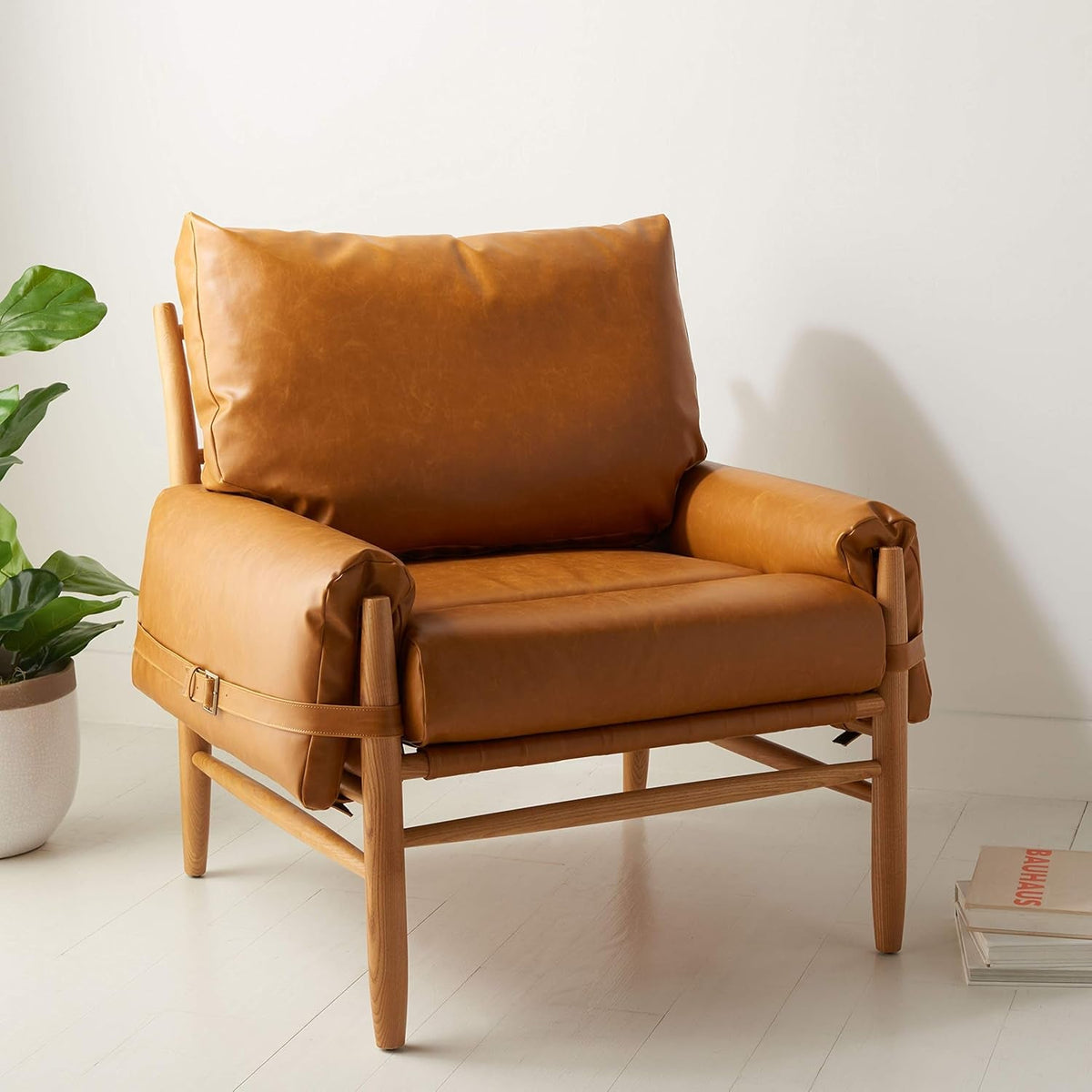 Mid-Century Arm Chair Caramel PU Leather Upholstery-1