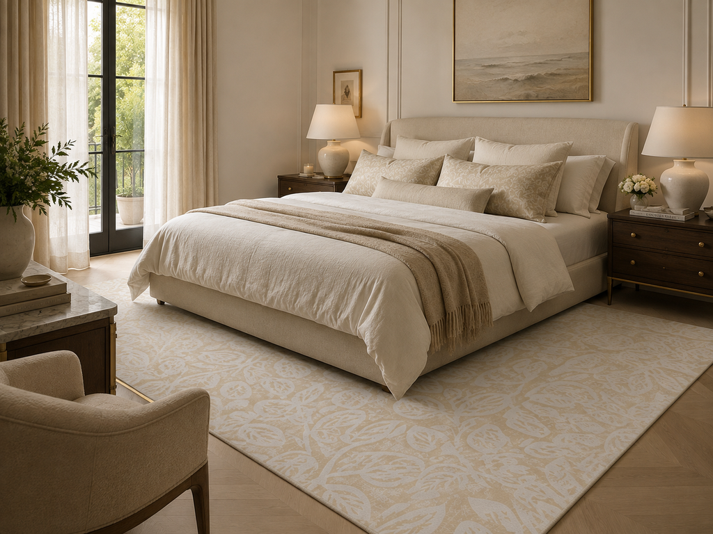 Neutral Leaf Pattern Area Rug | Beige White Botanical Floor Accent