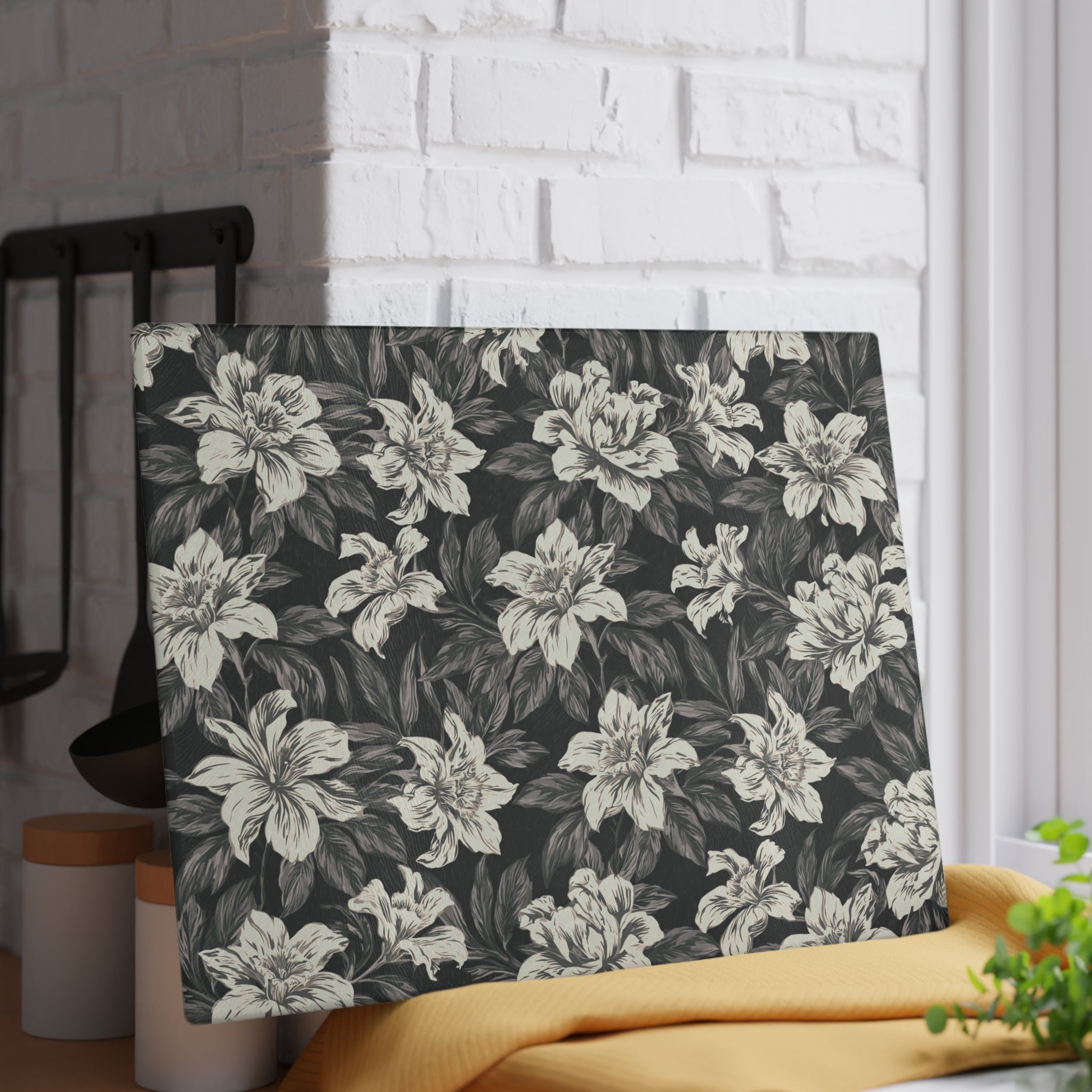 Vintage White Floral Pattern Glass Cutting Board | Botanical Kitchen Decor