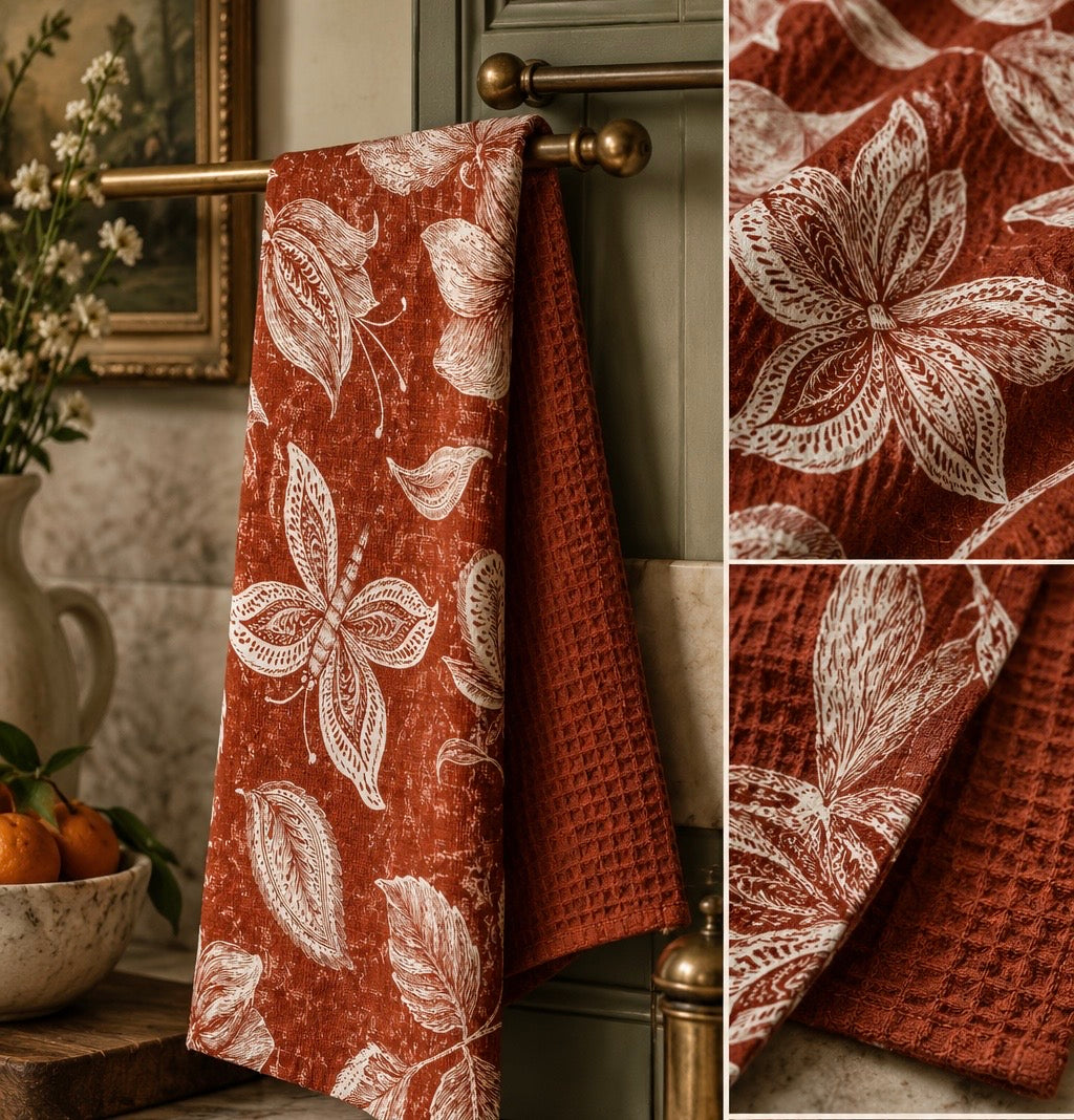Autumn Floral Leaves Tea Towel | Rust Waffle Double-Sided Kitchen Towel