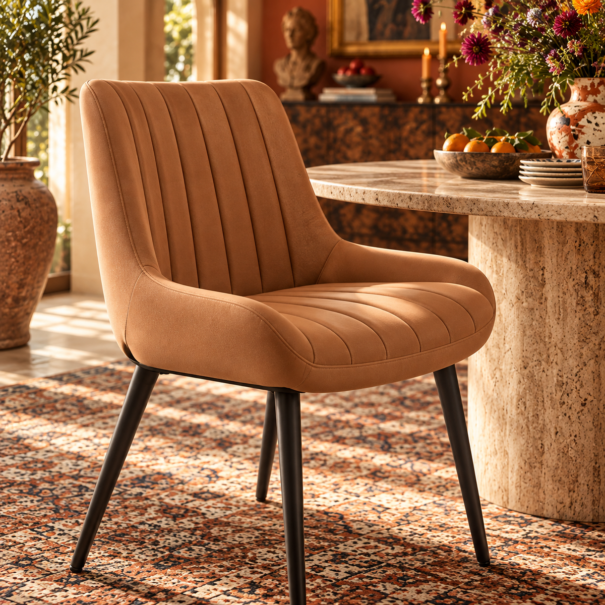 The Astor Dining Chairs Camel Upholstered Channel-Stitched Dining Chairs with Black Metal Legs