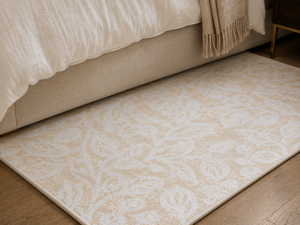 Neutral Leaf Pattern Area Rug | Beige White Botanical Floor Accent