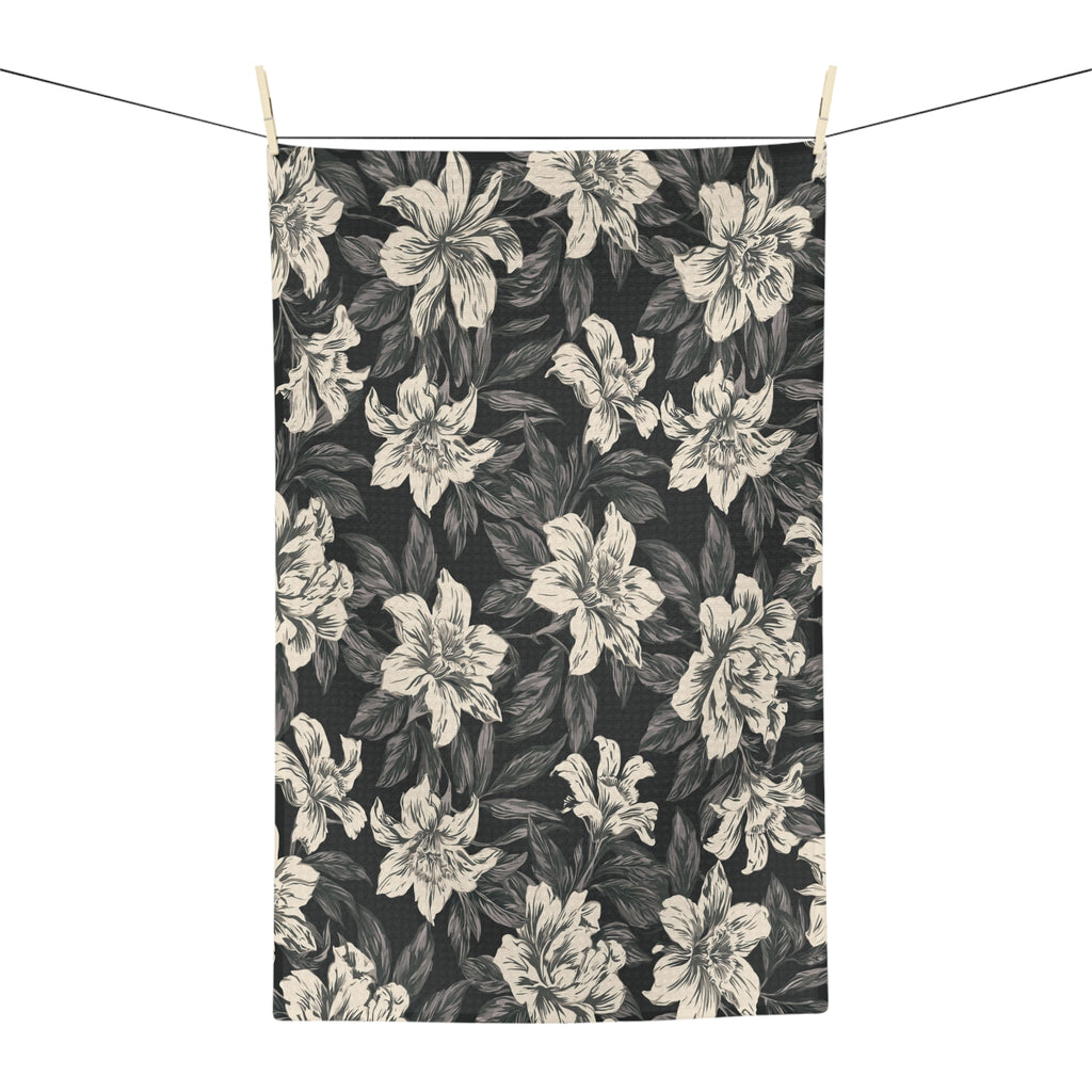 Vintage Floral Pattern Microfiber Tea Towel | Black Cream Botanical Design