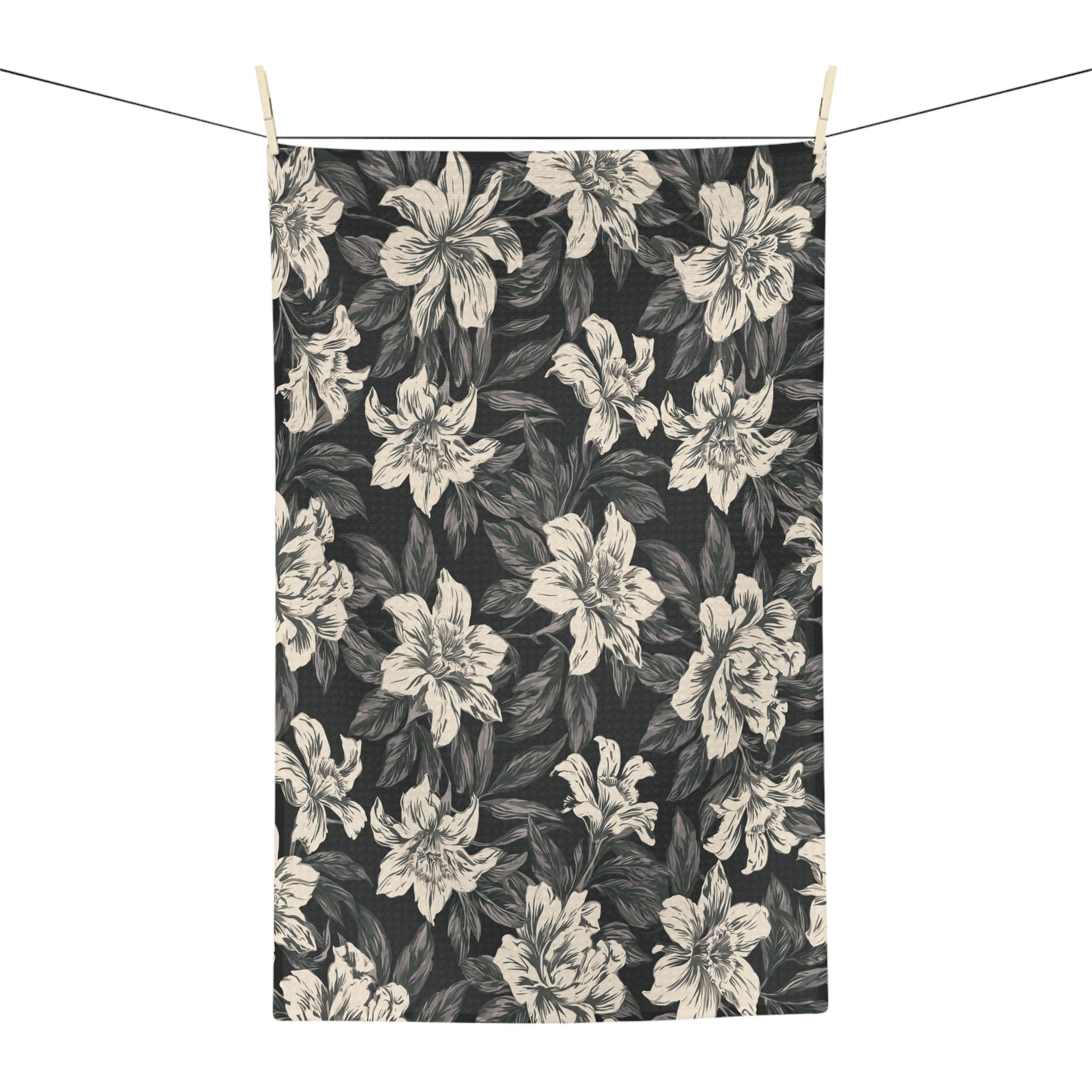 Vintage Floral Pattern Microfiber Tea Towel | Black Cream Botanical Design