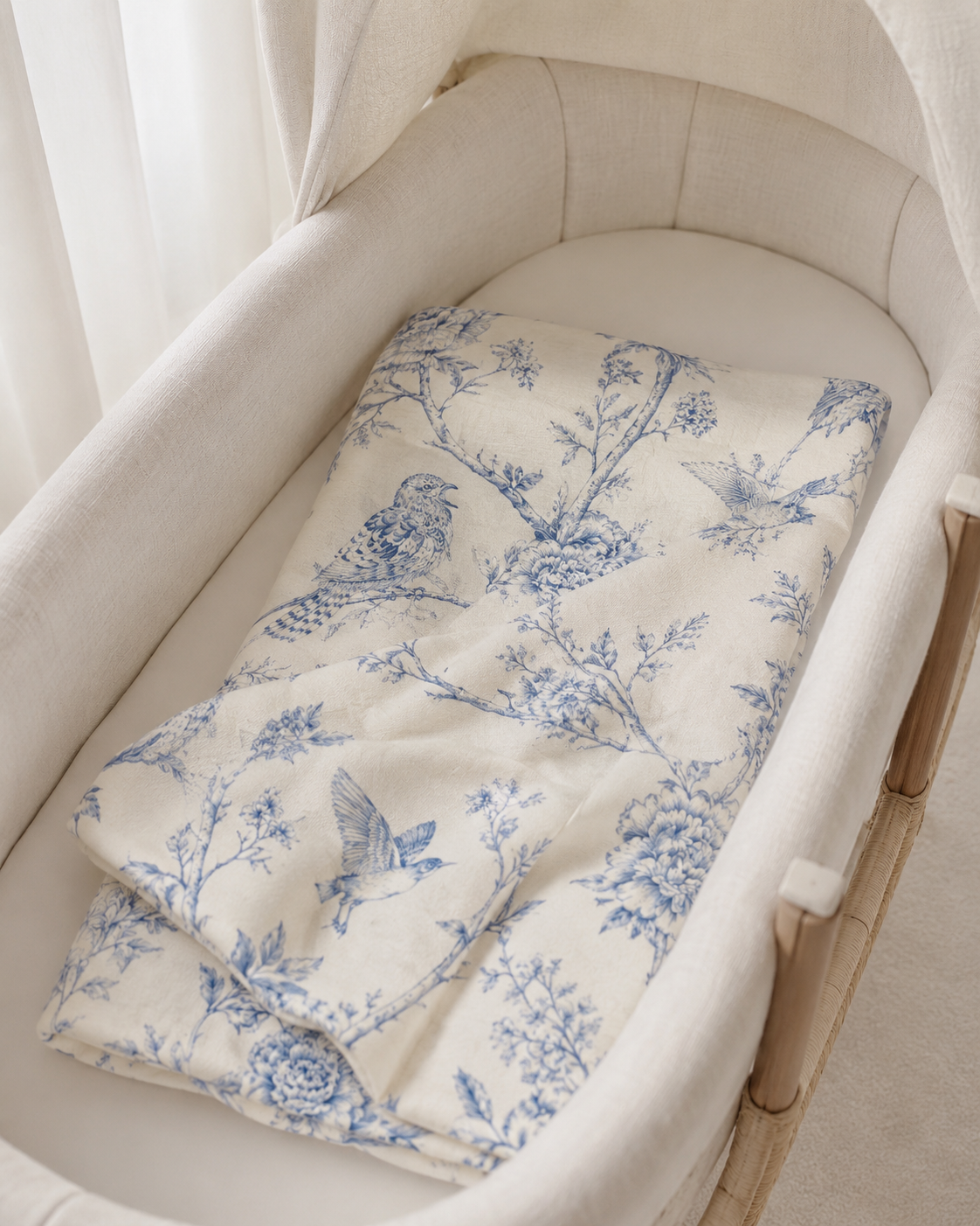Bluebird Toile Baby Swaddle Blanket, Blue & Ivory Floral Bird Print, Elegant Newborn Wrap, French Country Nursery Baby Gift