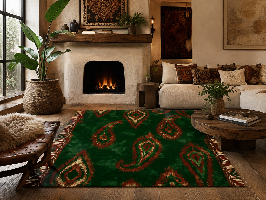 Green Paisley Pattern Area Rugs | Boho Persian-Inspired Floor Rug