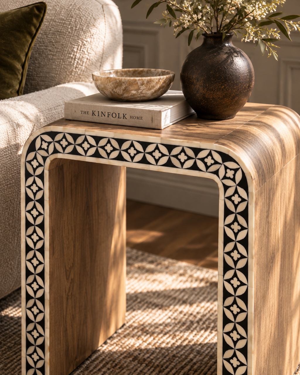 Samara Handcrafted Inlay End Table – Black & Ivory Geometric Wood Side Table