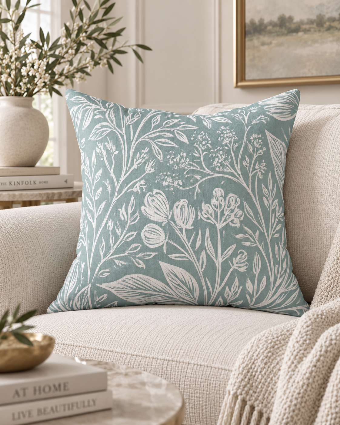 White Floral Vine Pattern Spun Polyester Pillow | Botanical Throw Pillow, Sage Green