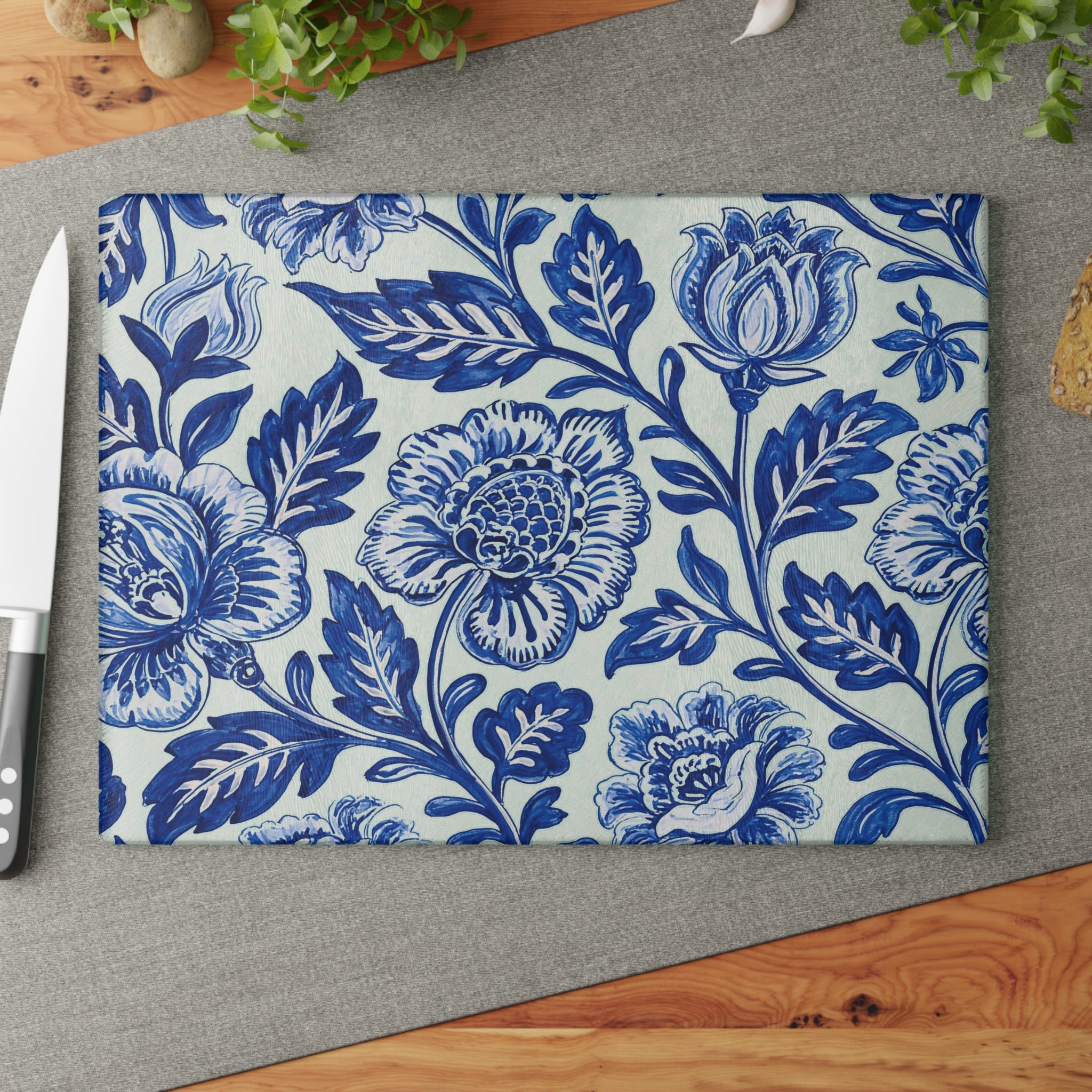Blue Floral Pattern Glass Cutting Board | Vintage Delft Tile Style