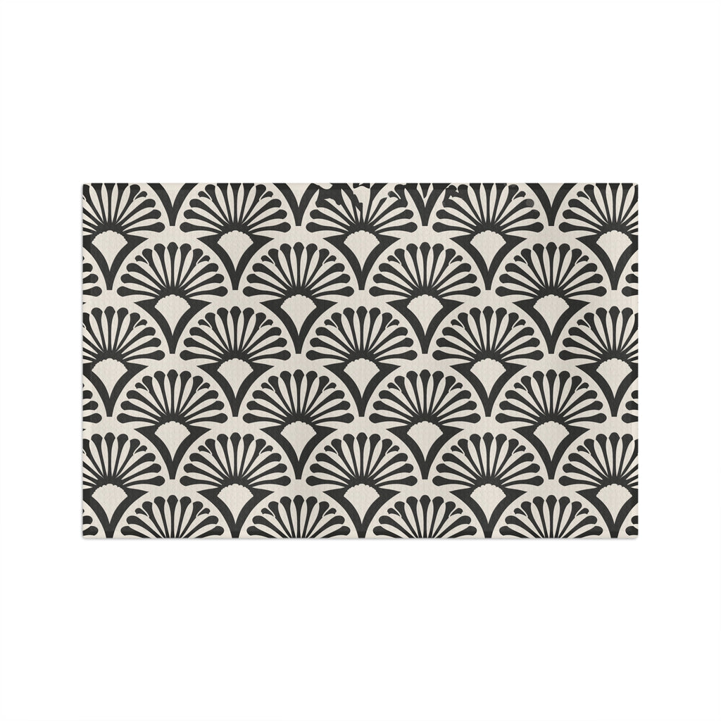 Black Fan Scallop Pattern Microfiber Tea Towel | Geometric Art Deco Kitchen