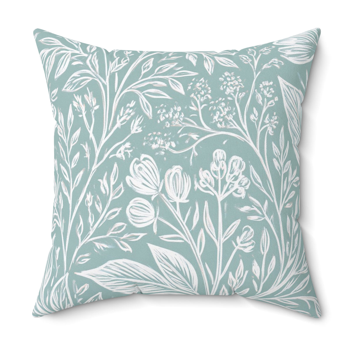 White Floral Vine Pattern Spun Polyester Pillow | Botanical Throw Pillow, Sage Green