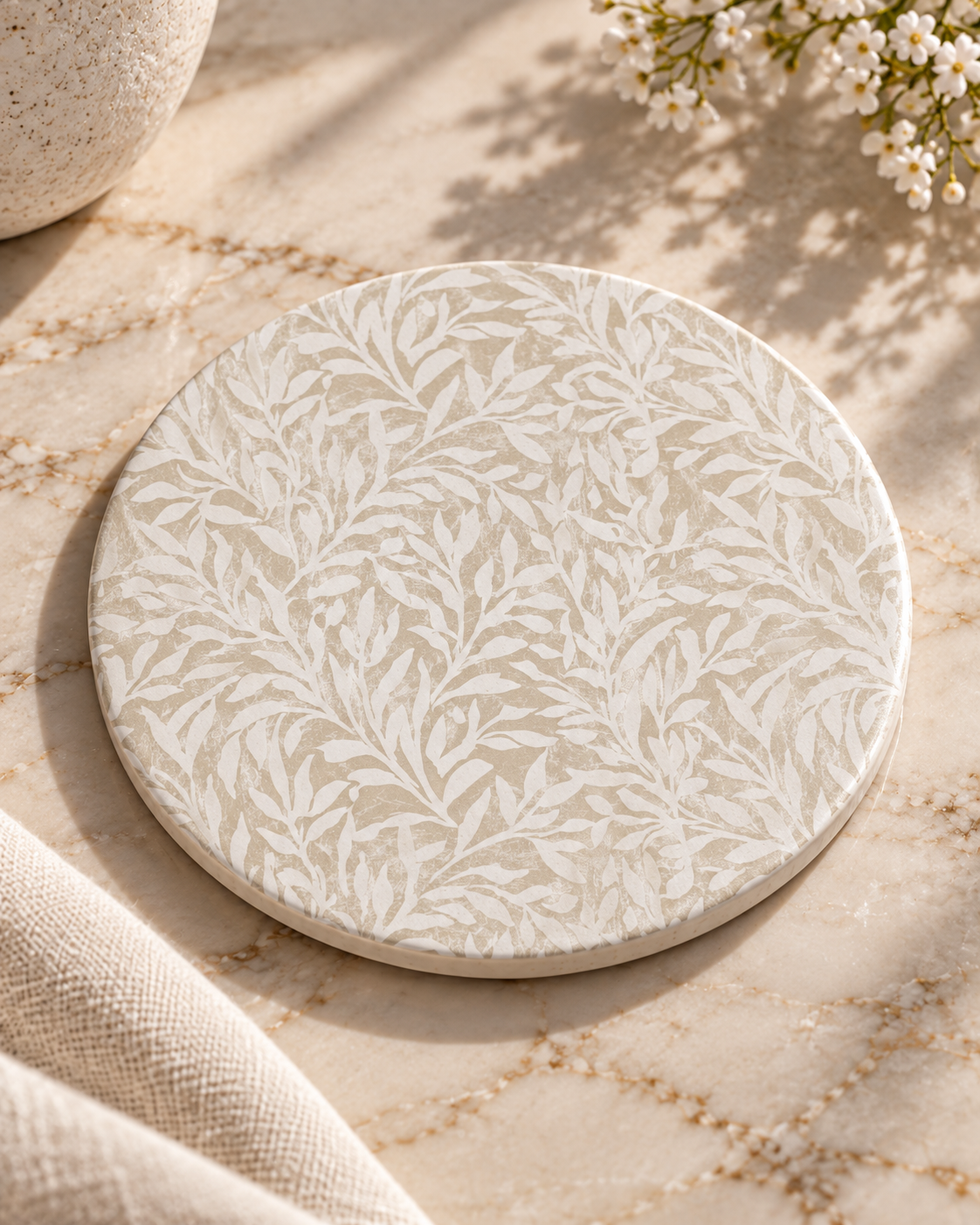 Ivory Willow Ceramic Coaster, Beige Botanical Drink Coaster, Neutral Floral Home Decor, Elegant Coffee Table Coaster, Cottagecore Gift