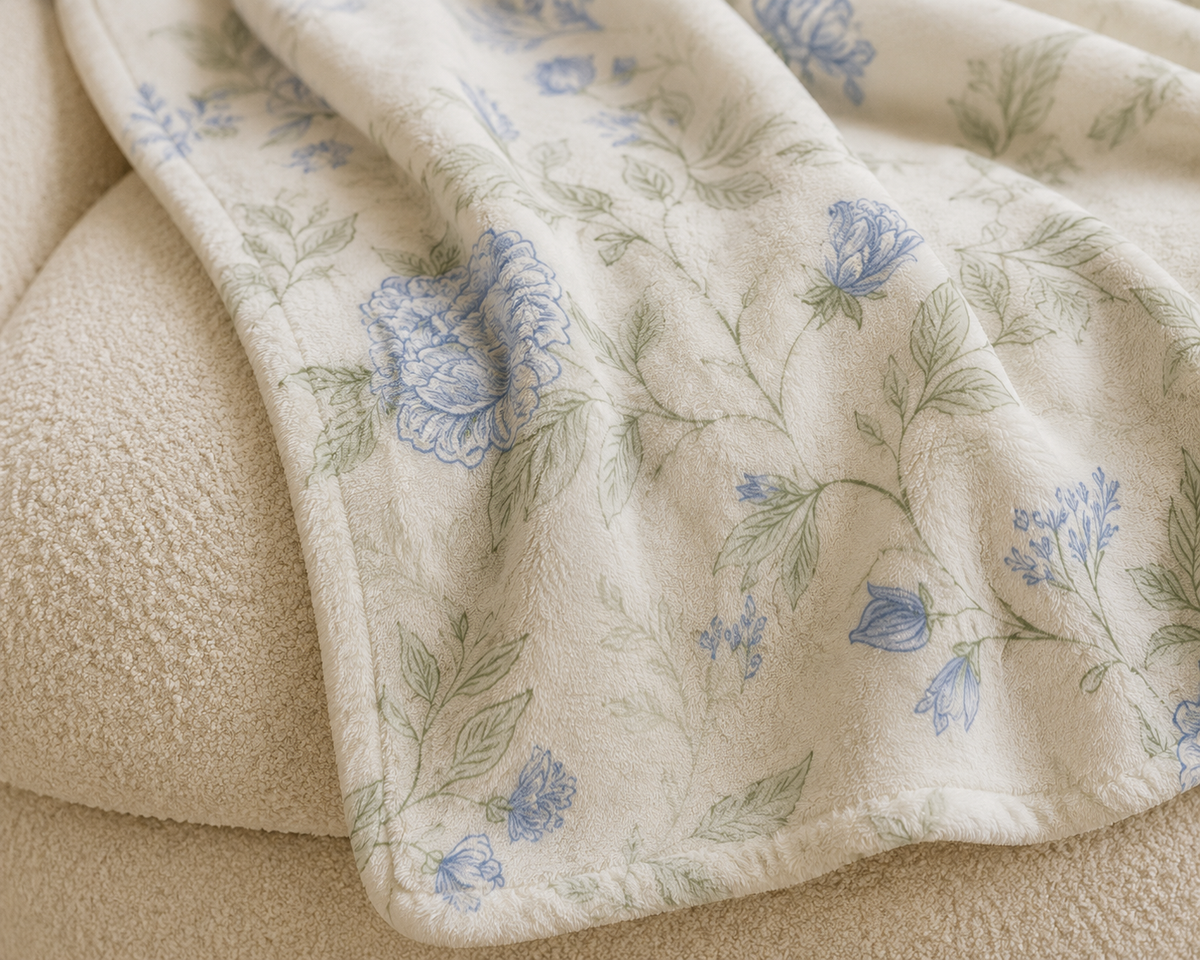 Blue Rose Floral Velveteen Plush Blanket | Vintage Botanical Throw