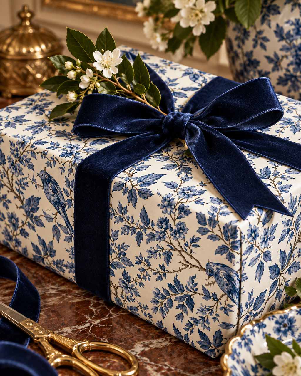 Blue Floral Vine Wrapping Paper Roll | Gift Wrap