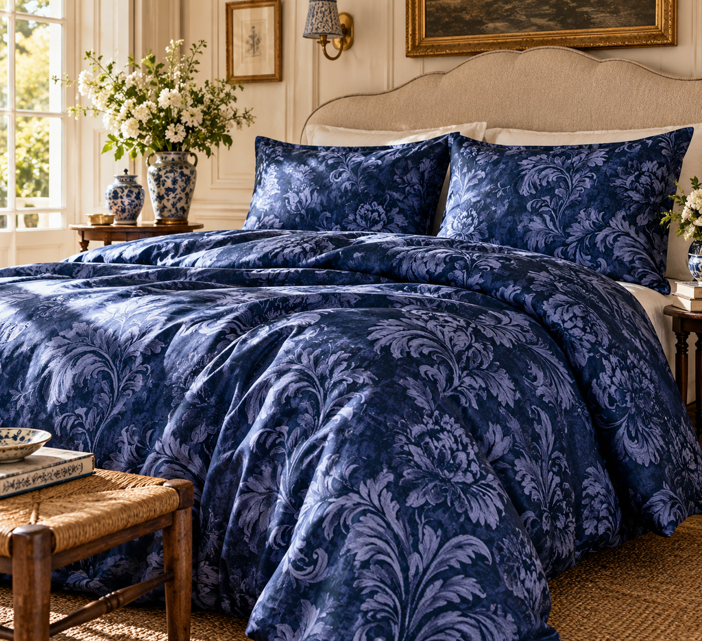 Chatsworth Midnight Blue Floral 100% Silk Duvet Cover Set