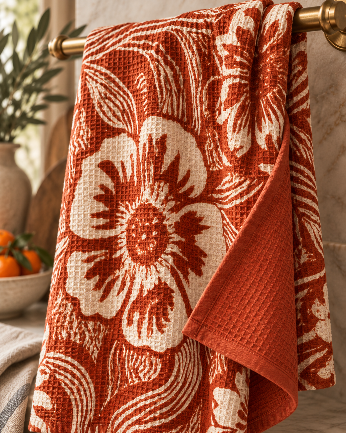 Rust Floral Print Tea Towel | Waffle Double-Sided Kitchen Towel