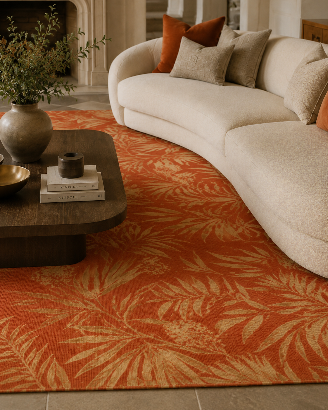 Terracotta Botanical Area Rug – Tropical Palm Leaf Rug, Rust & Beige Luxury Statement Rug, Vintage Inspired Home Decor, Multiple Sizes