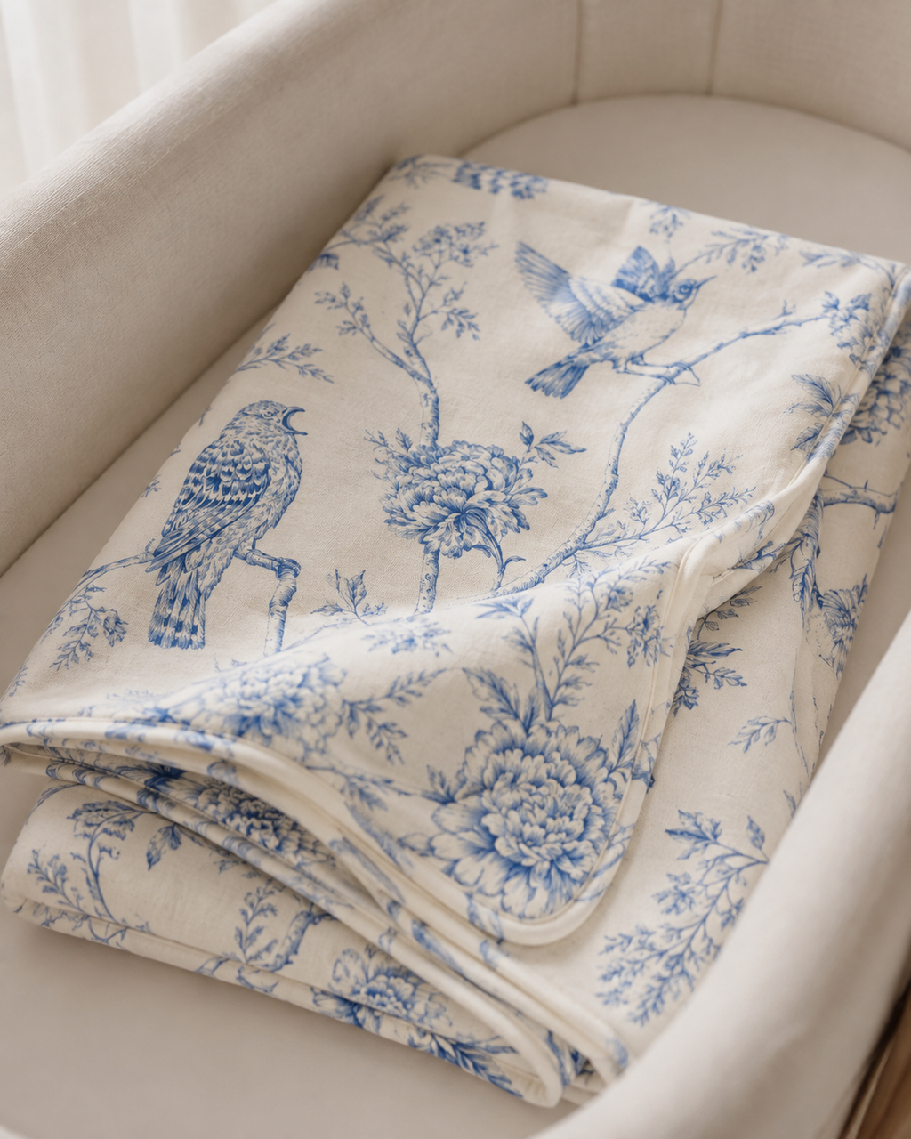 Bluebird Toile Baby Swaddle Blanket, Blue & Ivory Floral Bird Print, Elegant Newborn Wrap, French Country Nursery Baby Gift