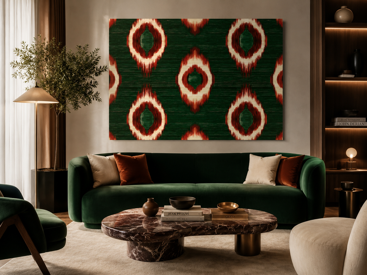 Emerald Green Ikat Wall Art, Rust & Ivory Boho Poster, Luxury Eclectic Large Wall Decor