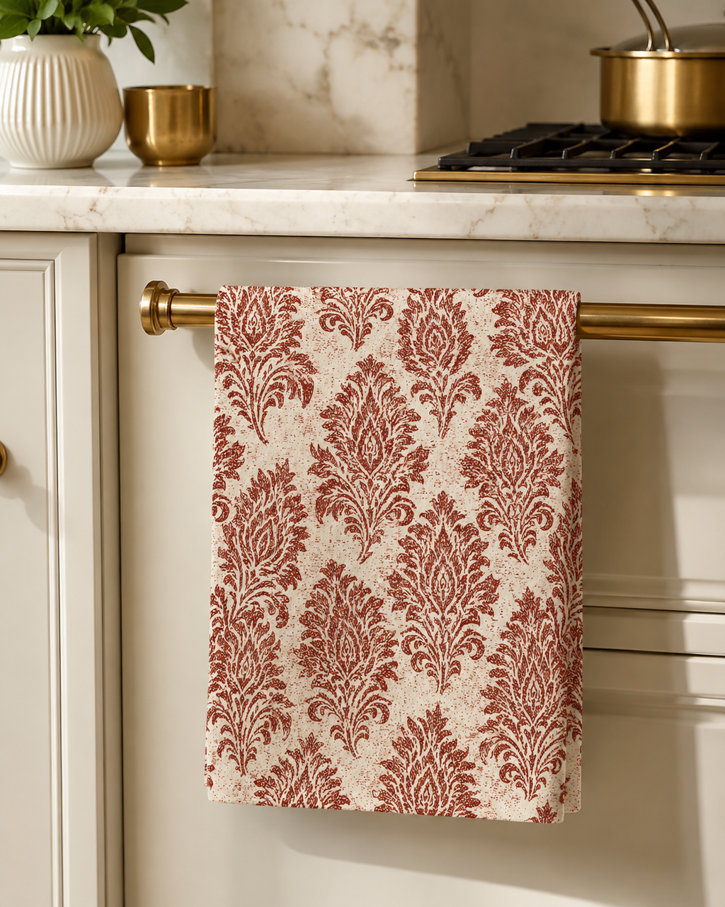 Rust Damask Pattern Microfiber Tea Towel | Vintage Floral Kitchen Linen
