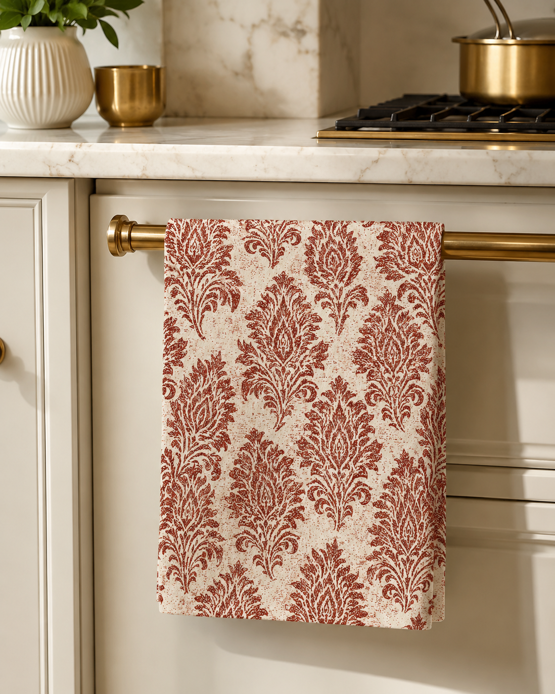 Rust Damask Pattern Microfiber Tea Towel | Vintage Floral Kitchen Linen