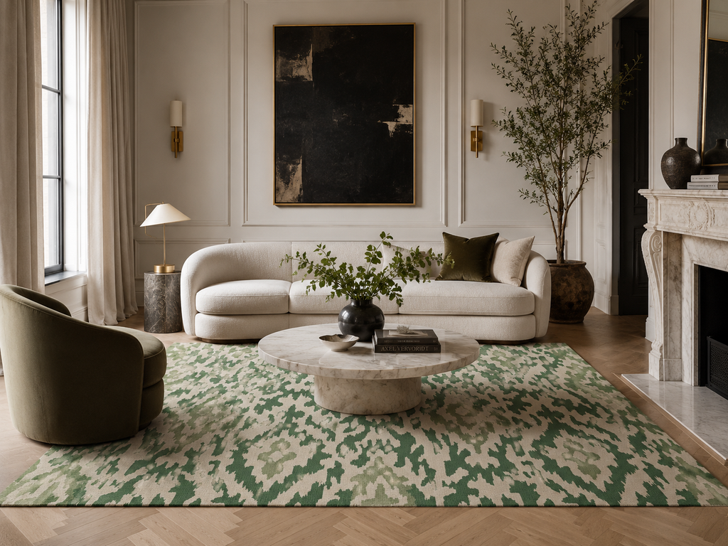 Green Ikat Pattern Washable Rug | Geometric Boho Floor Mat