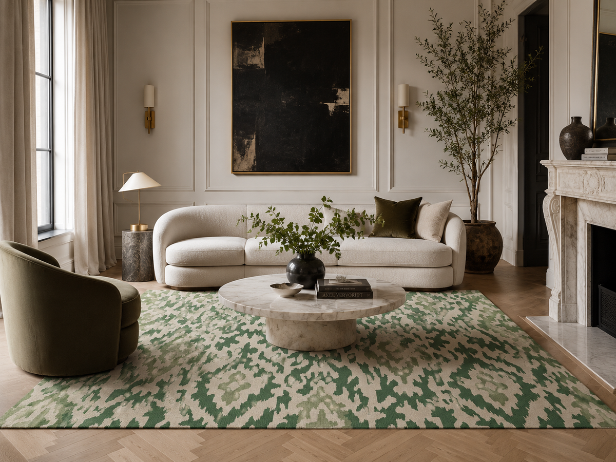 Green Ikat Pattern Washable Rug | Geometric Boho Floor Mat