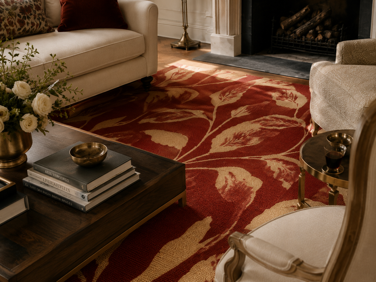 Scarlet Botanica Floral Area Rug – Red & Cream Botanical Rug, Vintage European Statement Carpet, Romantic Luxury Home Decor, Multiple Sizes