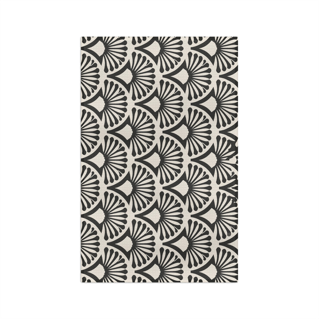 Black Fan Scallop Pattern Microfiber Tea Towel | Geometric Art Deco Kitchen