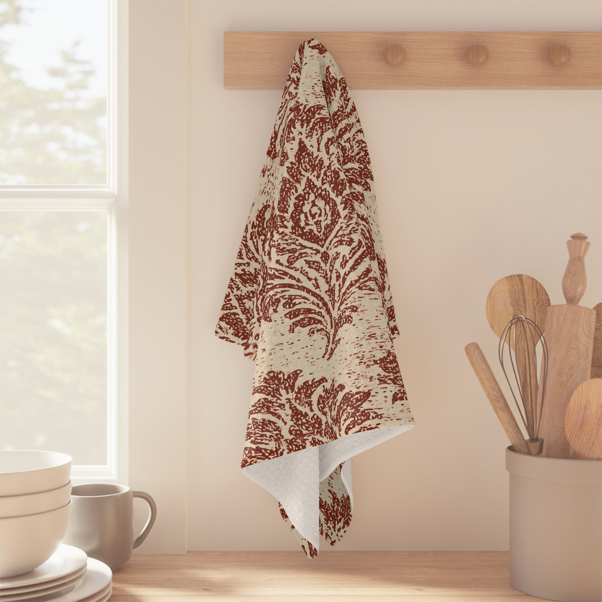 Rust Damask Pattern Microfiber Tea Towel | Vintage Floral Kitchen Linen