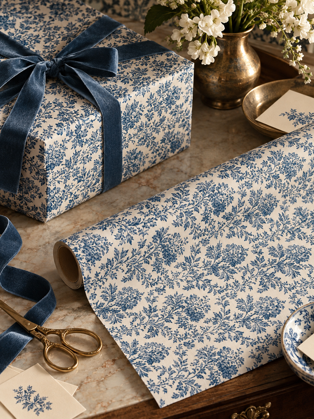 Blue Floral Damask Gift Wrapping Paper Roll