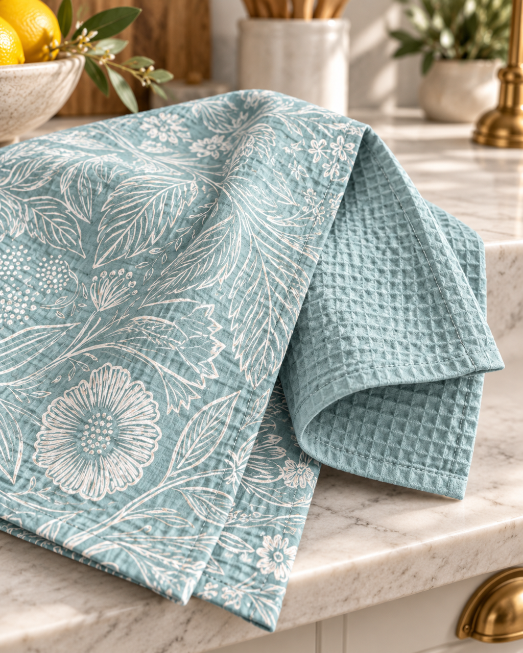 Botanical Floral Pattern Waffle Tea Towel | Double-Sided
