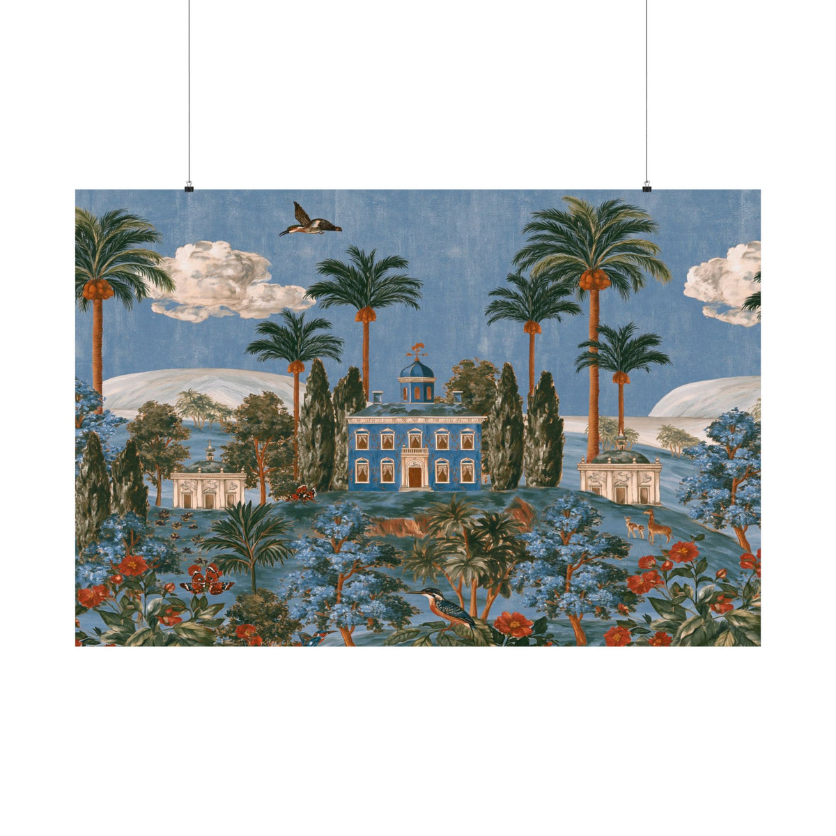Vintage Palm Estate Illustration Matte Horizontal Poster | Botanical Villa Wall Art