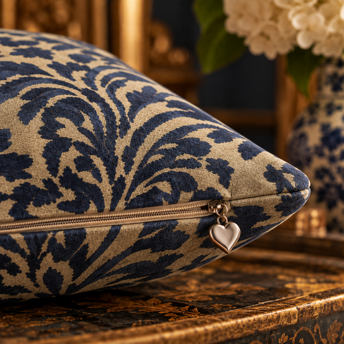 Ashbourne Navy Blue Damask Suede Pillow