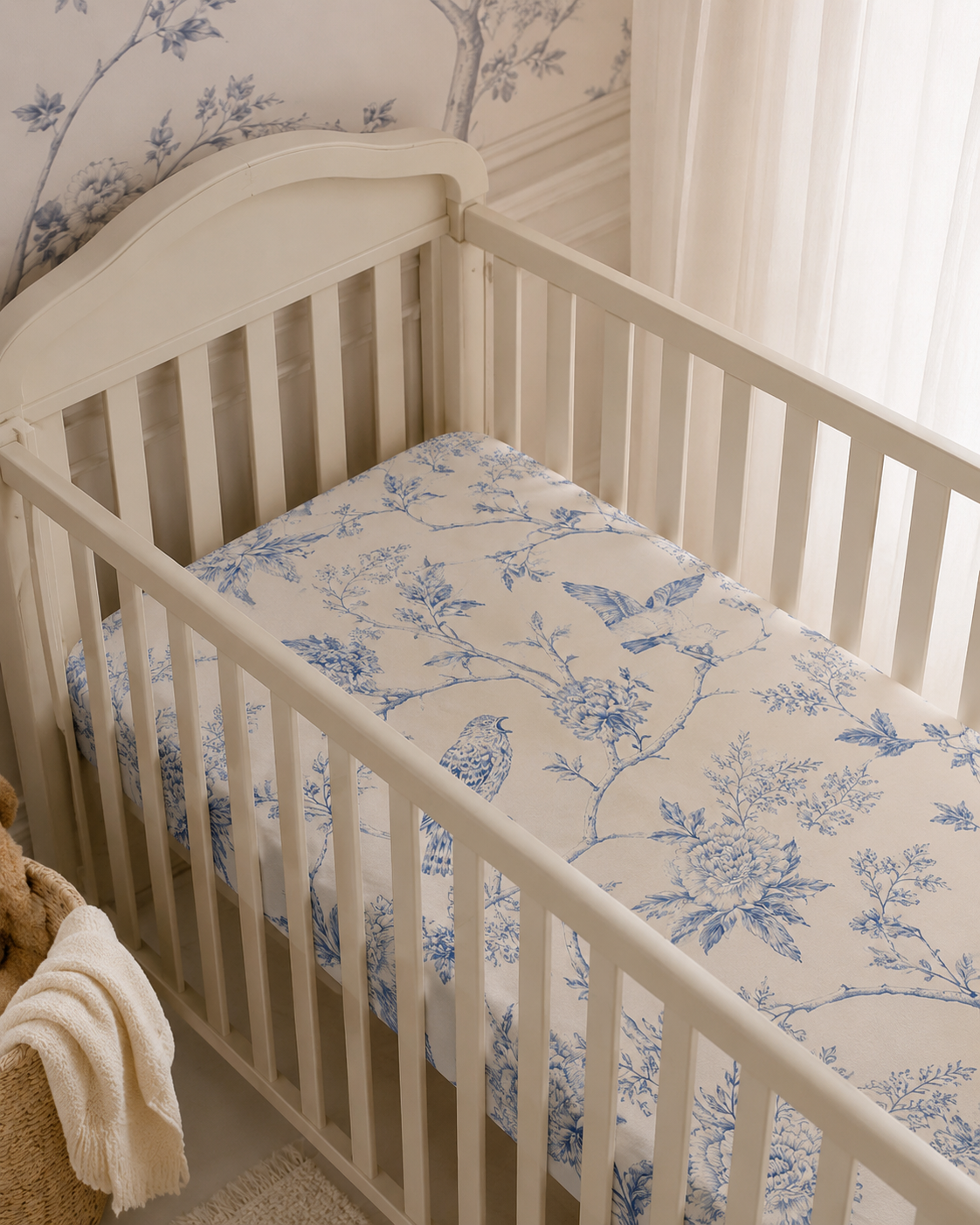 Bluebird Toile Baby Fitted Crib Sheet, Blue Floral Bird Nursery Bedding, French Country Baby Sheet, Elegant Vintage Nursery Decor
