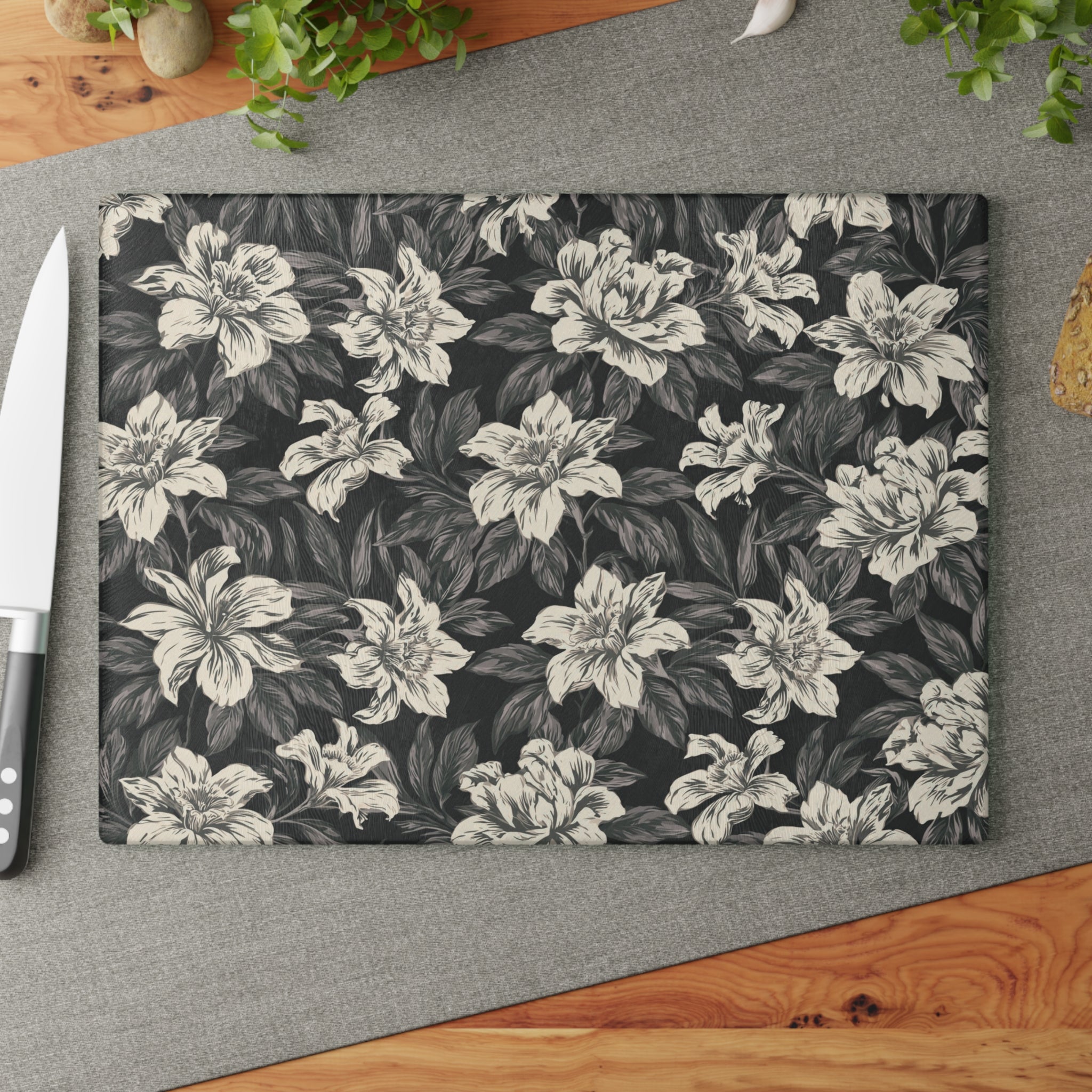 Vintage White Floral Pattern Glass Cutting Board | Botanical Kitchen Decor