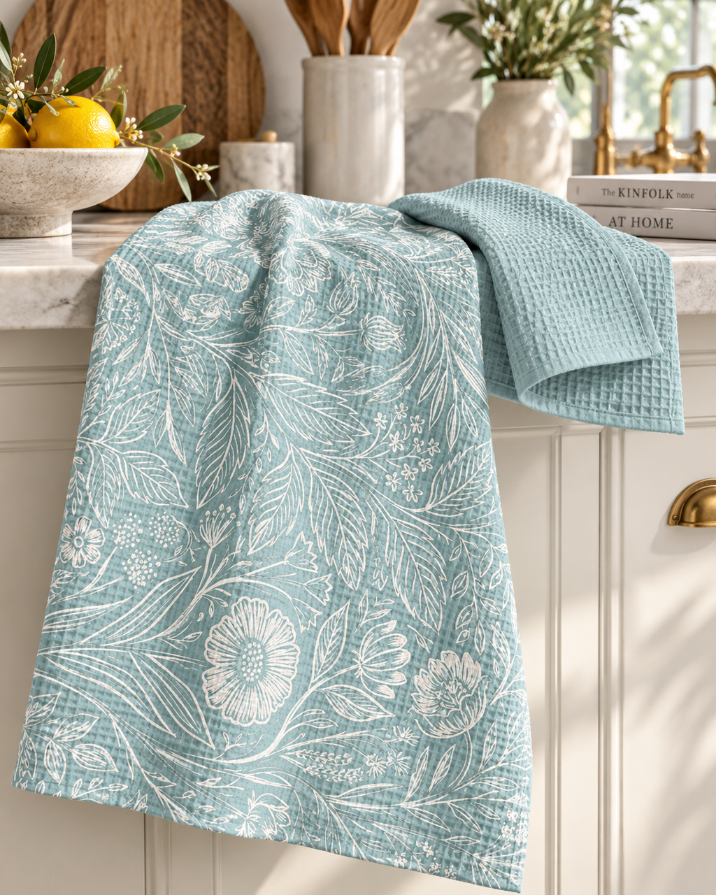 Botanical Floral Pattern Waffle Tea Towel | Double-Sided
