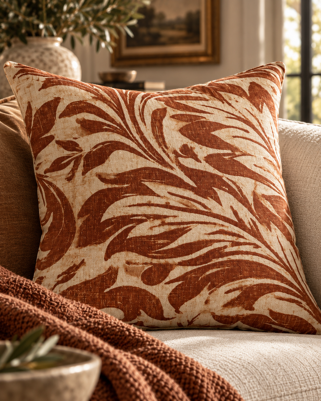 Rust Floral Scroll Faux Suede Square Pillow | Boho Damask Throw Cushion