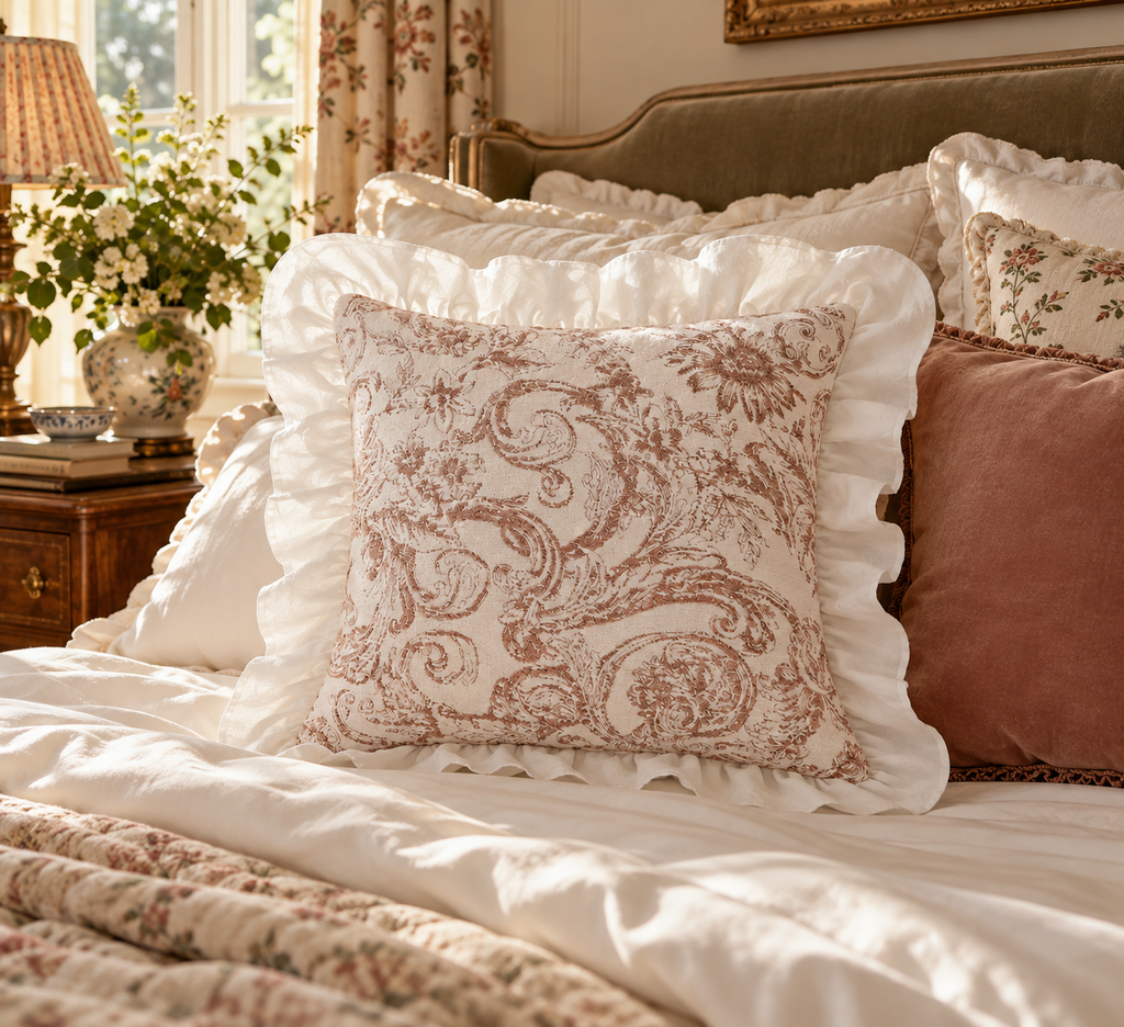 Ellie & Green Ruffle Cushion – Botanical Toile Pillow with White Ruffle