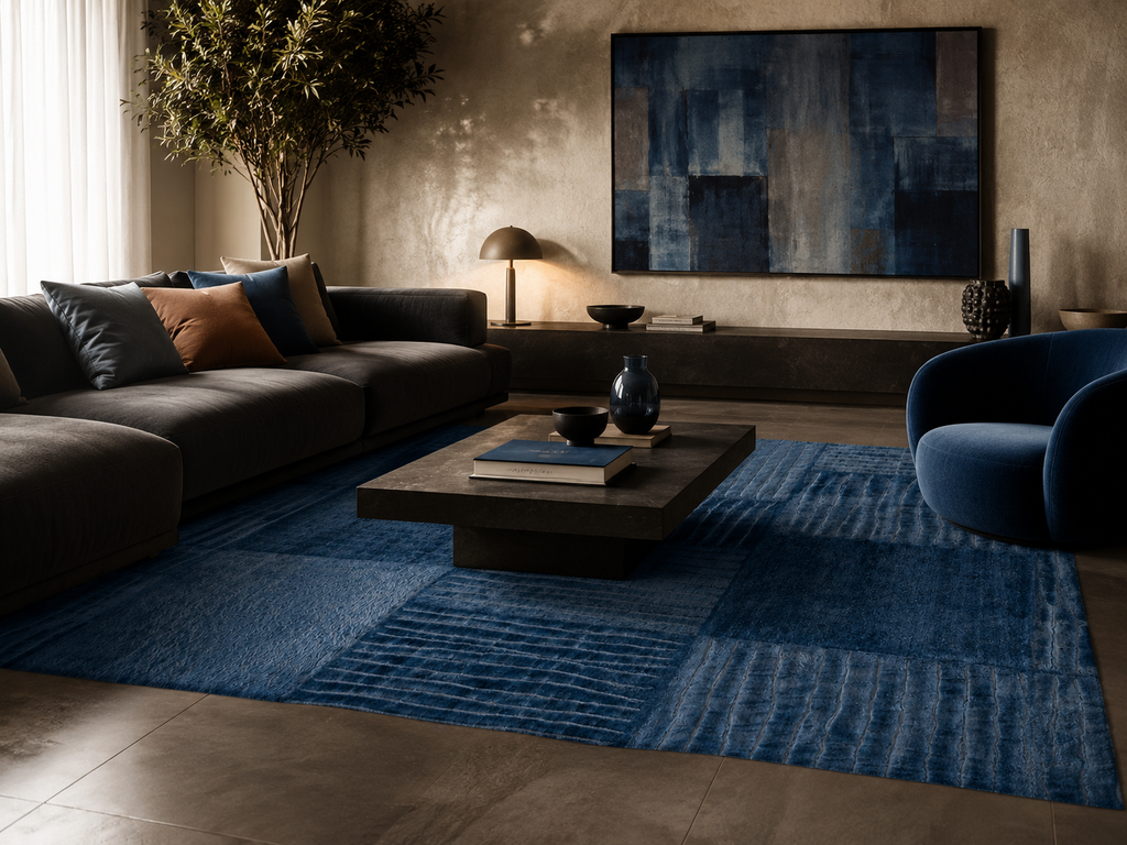 Blue Patchwork Textured Area Rug | Modern Geometric Floor Rug