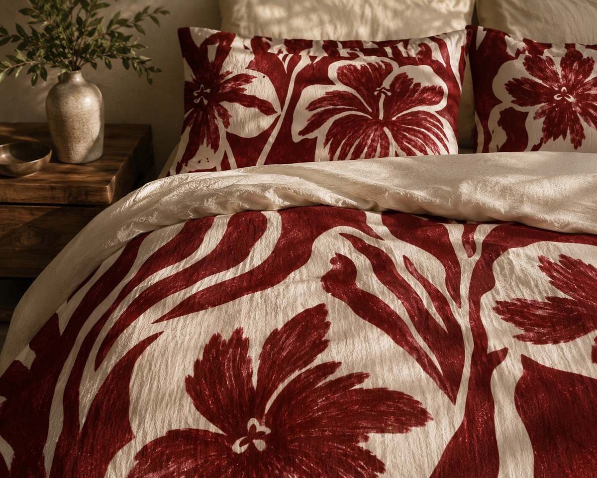 Tropical Hibiscus Floral Duvet Cover | Brown Cream Cotton Comforter
