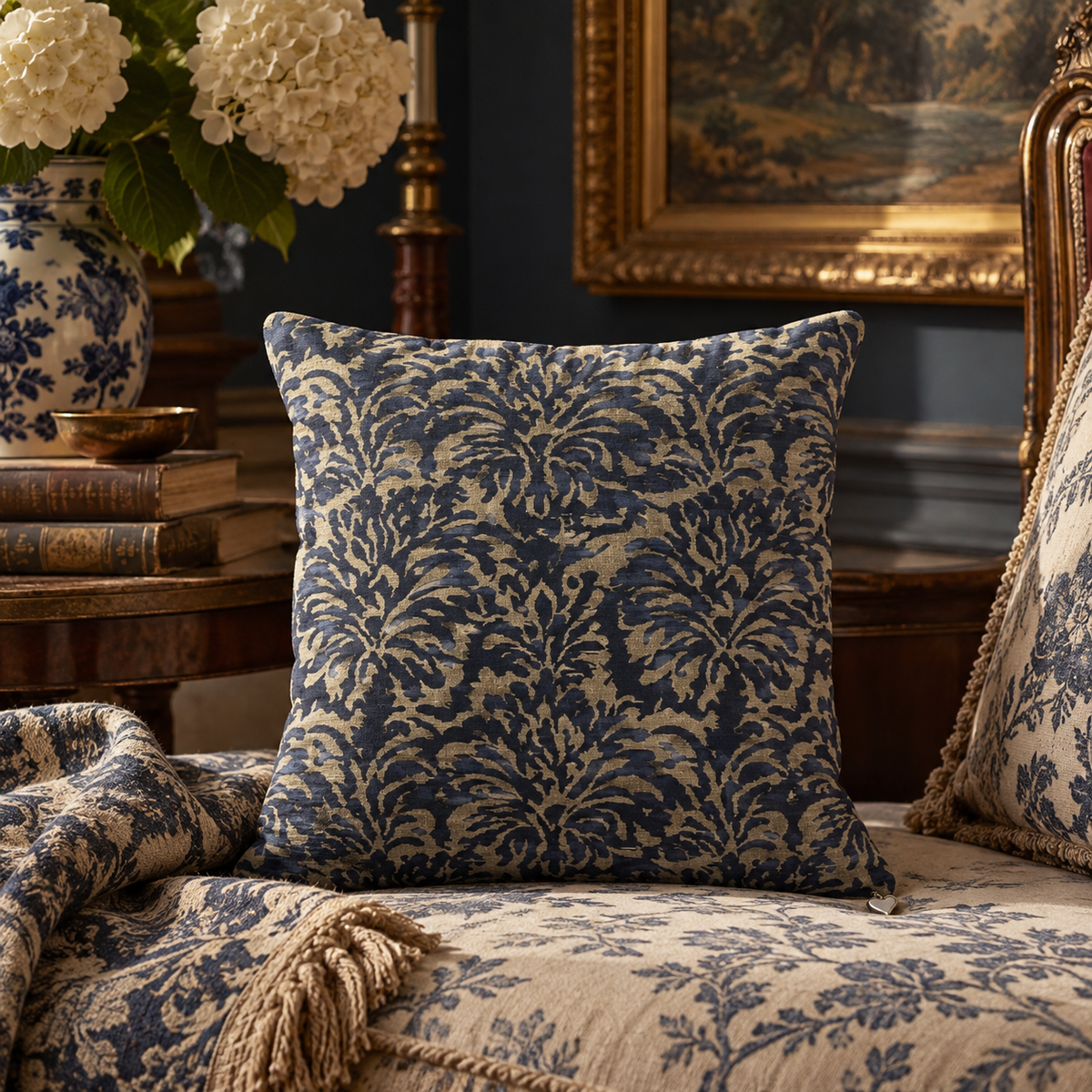 Ashbourne Navy Blue Damask Suede Pillow