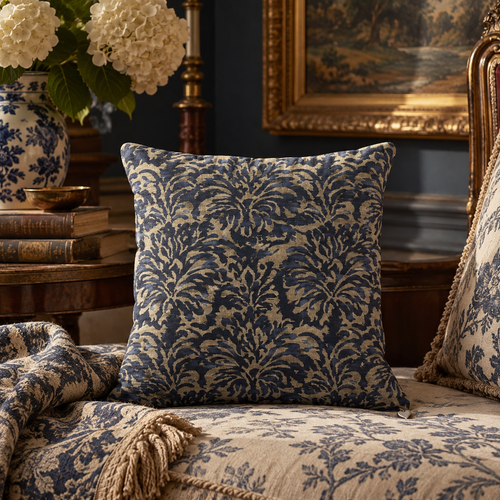 Ashbourne Navy Blue Damask Suede Pillow