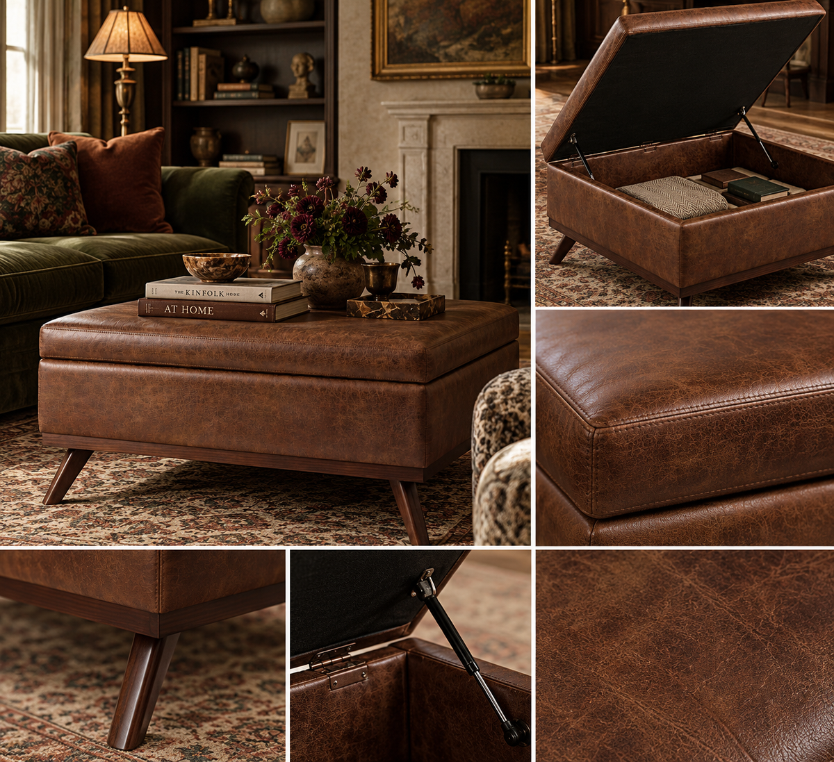 Harrington Brown Leather Storage Coffee Table | Upholstered Ottoman Coffee Table with Hidden Storage