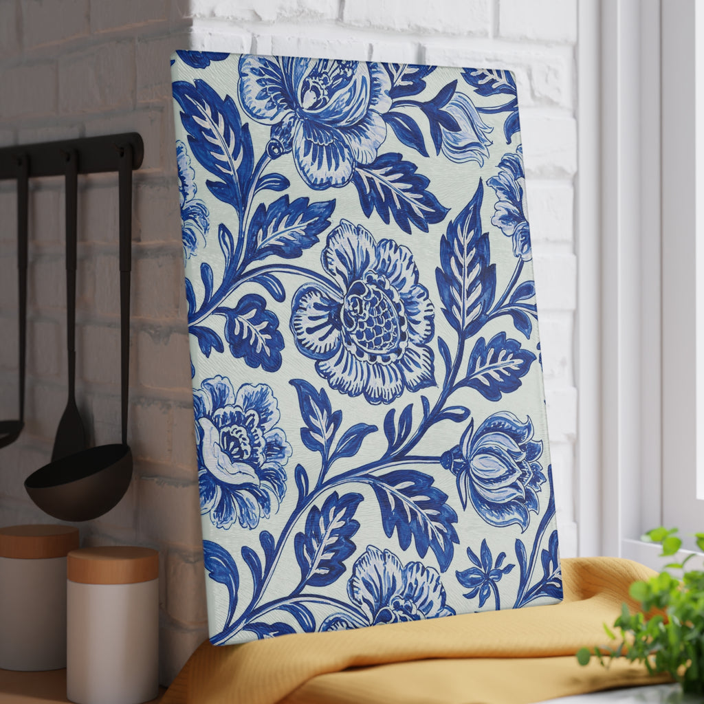 Blue Floral Pattern Glass Cutting Board | Vintage Delft Tile Style