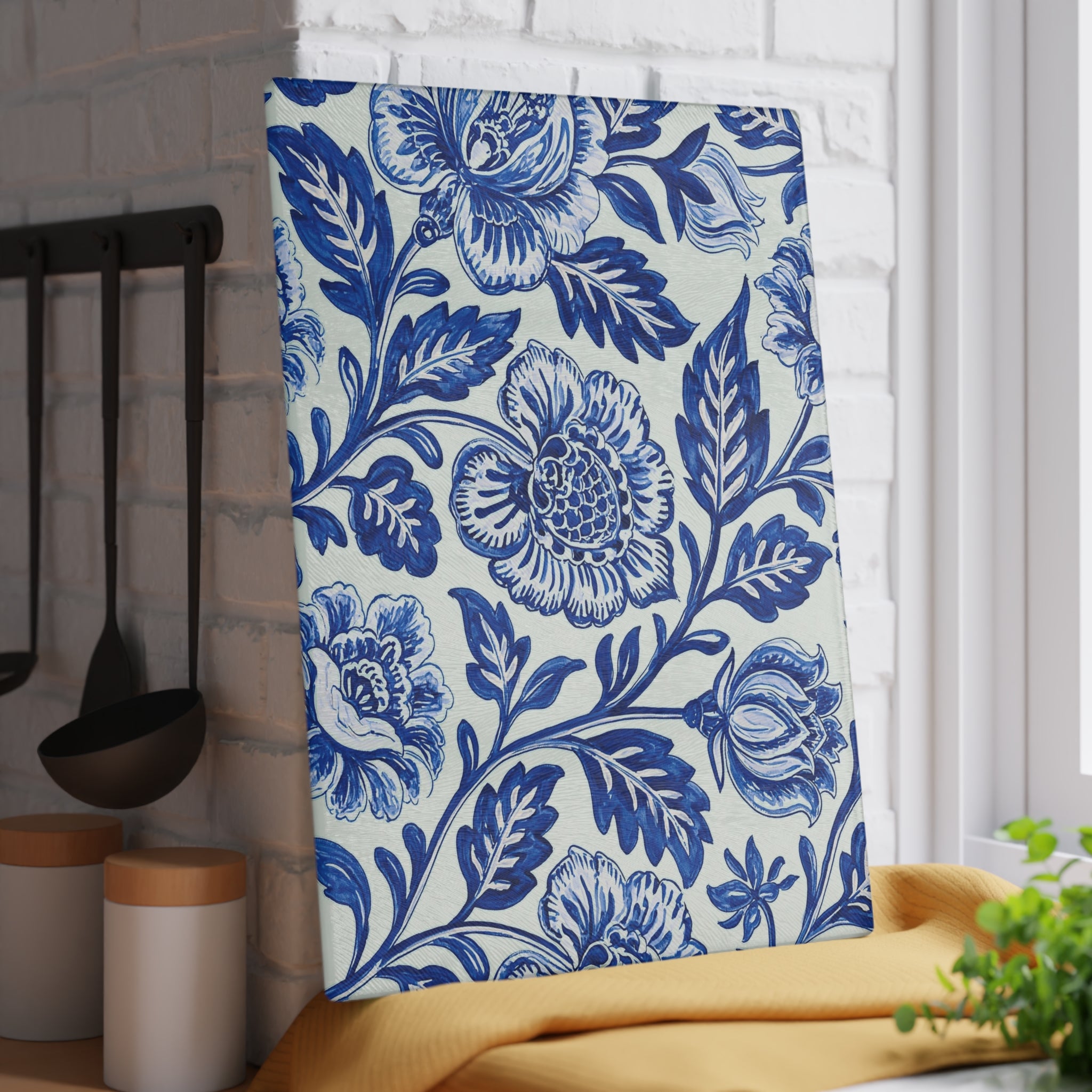 Blue Floral Pattern Glass Cutting Board | Vintage Delft Tile Style