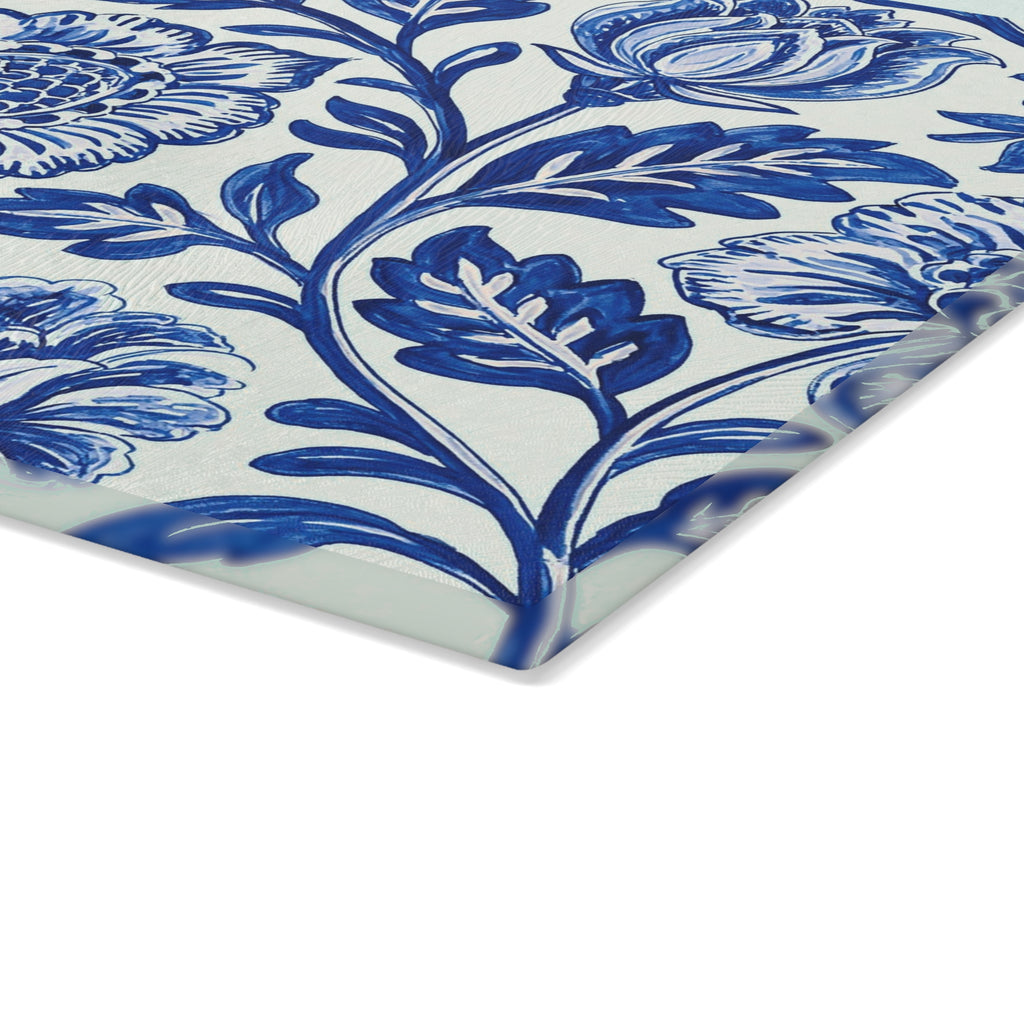Blue Floral Pattern Glass Cutting Board | Vintage Delft Tile Style