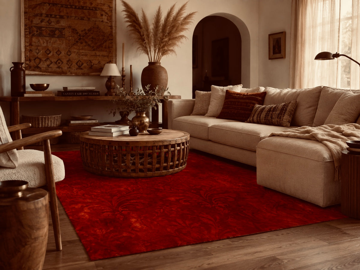 Red Textured Pile Area Rug | Plush Abstract Floor Mat