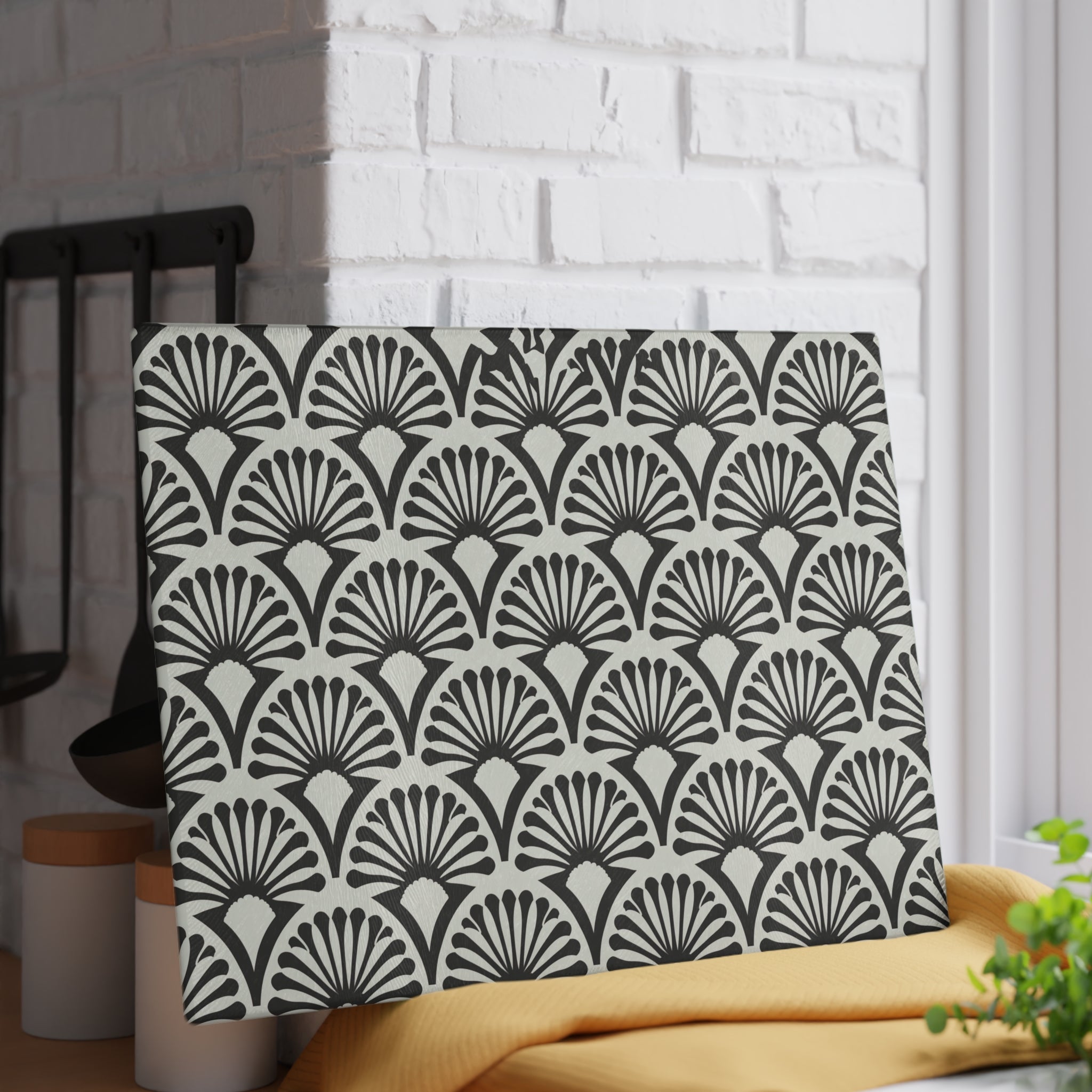 Art Deco Fan Pattern Glass Cutting Board | Black White Geometric Kitchen