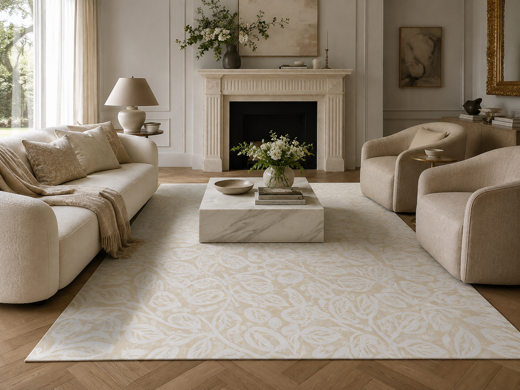 Neutral Leaf Pattern Area Rug | Beige White Botanical Floor Accent